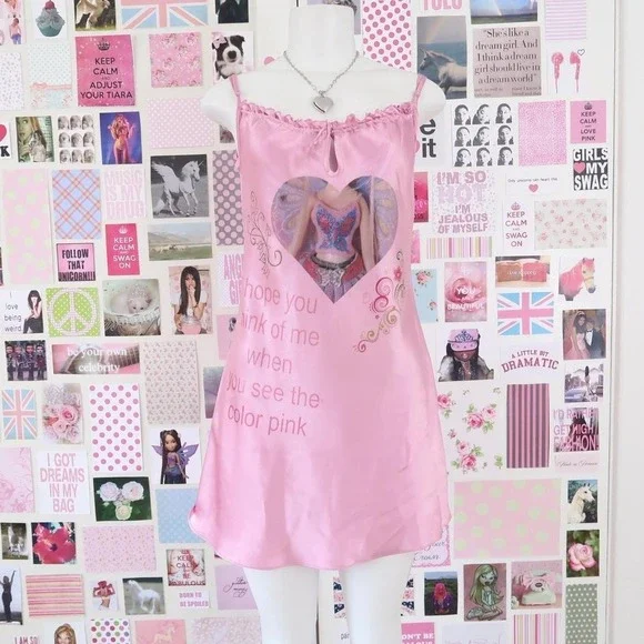 y2k la senza pink satin graphic slip dress size M - Picture 2 of 7
